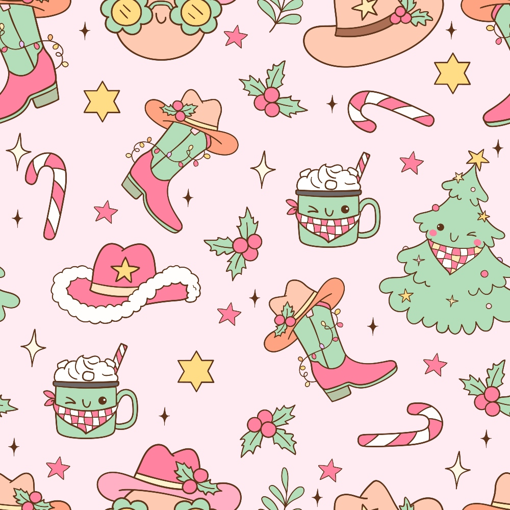 Pink Cowgirl Christmas Pattern Minky Fabric