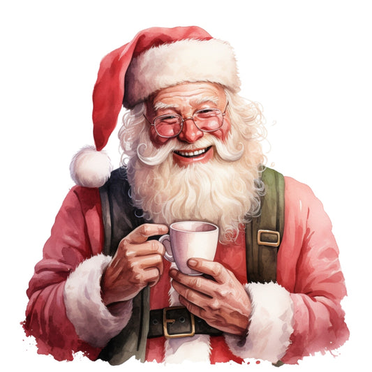 Pink Santa Claus Fabric Panel 1 shows a joyful Santa in premium quilting cotton with a pink suit holding a cup and smiling.