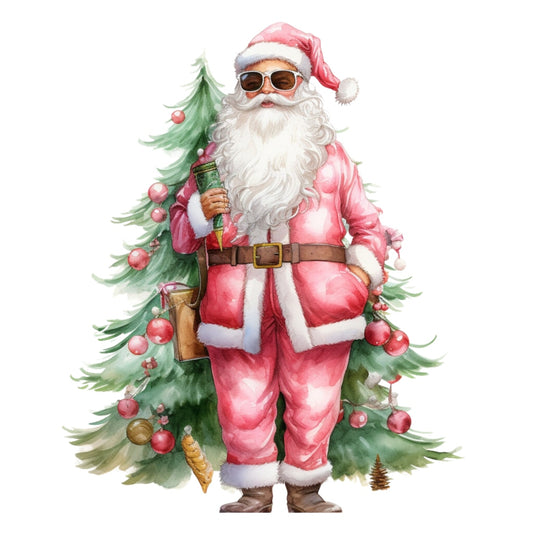 Pink Santa Claus Fabric Panel 10 features a stylish Santa in pink with sunglasses, holding a scroll by a decorated Christmas tree.