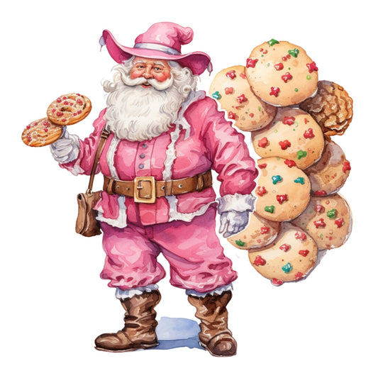 Pink Santa Claus Fabric Panel 11 featuring a vintage-style Santa in pink outfit holding cookies, printed on premium quilting cotton.