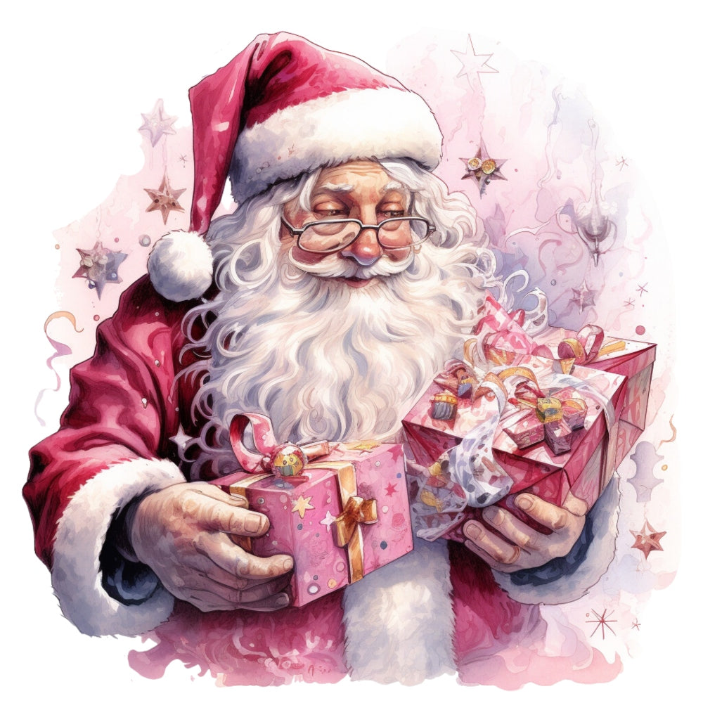 Pink Santa Claus Fabric Panel 12 showing detailed Santa in pink suit holding wrapped gifts on premium quilting cotton.