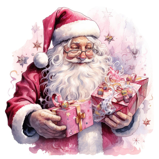 Pink Santa Claus Fabric Panel 12 showing detailed Santa in pink suit holding wrapped gifts on premium quilting cotton.