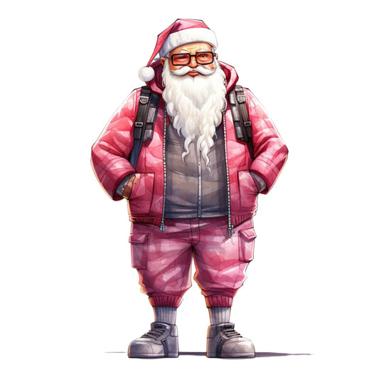 Pink Santa Claus Fabric Panel 13 featuring a modern Santa in pink quilted jacket and pants, printed on premium quilting cotton.