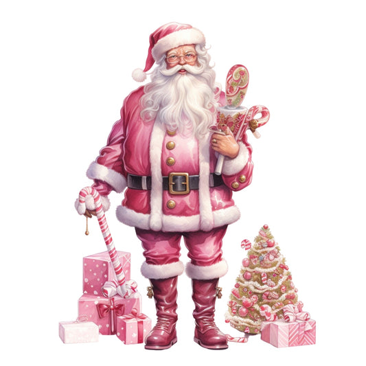 Pink Santa Claus Fabric Panel 15 featuring a detailed pink Santa holding candy canes and gifts with matching pink presents and tree.