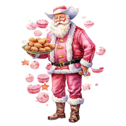 Pink Santa Claus Fabric Panel 16 showing Santa in a pink suit holding a plate of cookies surrounded by pink desserts.