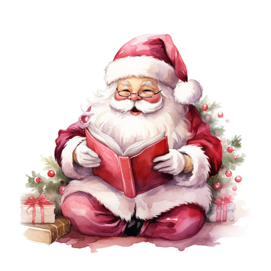 Pink Santa Claus Fabric Panel 17 featuring a detailed illustration of Santa reading a book with gifts and greenery.