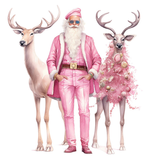 Pink Santa Claus Fabric Panel 20 features a stylish pink Santa with two reindeer, one decorated as a pink Christmas tree.