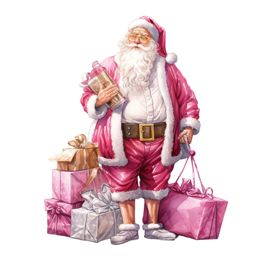 Pink Santa Claus Fabric Panel 4 showing Santa in pink suit with white fur trim holding gifts and presents in premium quilting cotton.