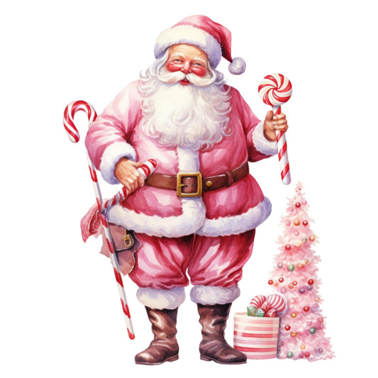 Pink Santa Claus Fabric Panel 5 featuring a jolly Santa in pink suit with candy canes and a decorated pink Christmas tree.