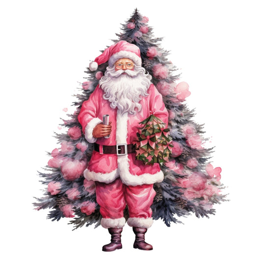 Pink Santa Claus Fabric Panel 6 featuring a detailed vintage-style Santa in pink suit with decorated tree background.
