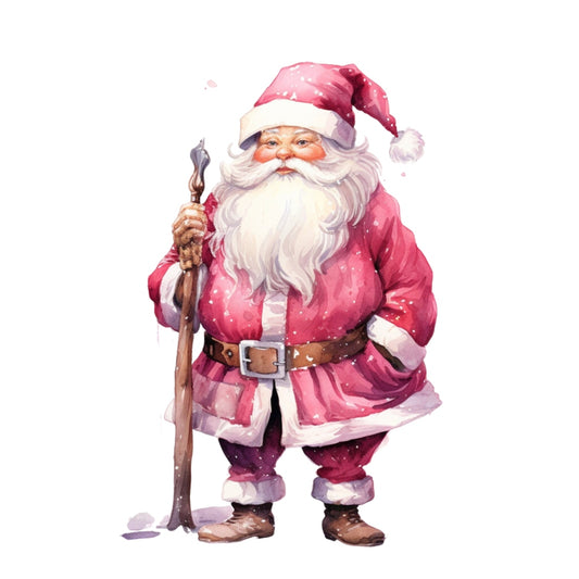 Pink Santa Claus Fabric Panel 7 shows a detailed Santa in a pink suit with white fur trim holding a wooden staff.
