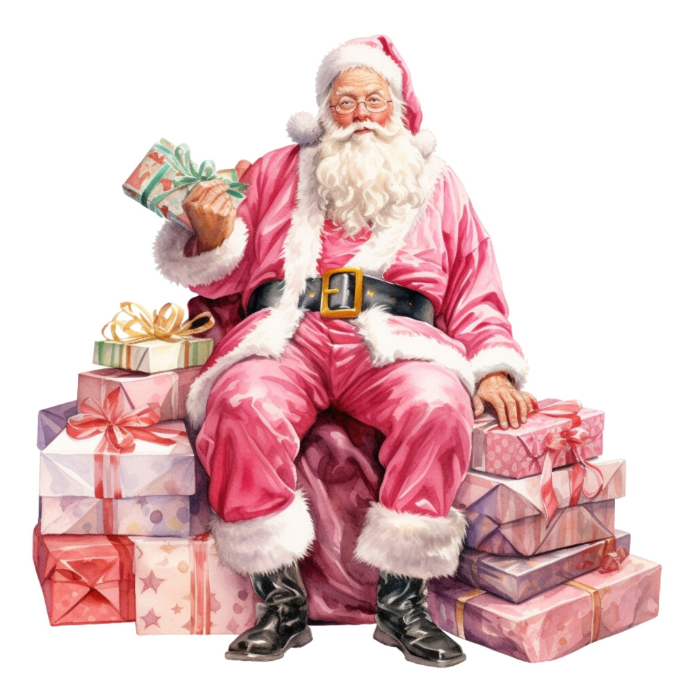 Pink Santa Claus Fabric Panel 8 featuring jolly Santa in pink suit with gifts, printed on premium quilting cotton in the USA.