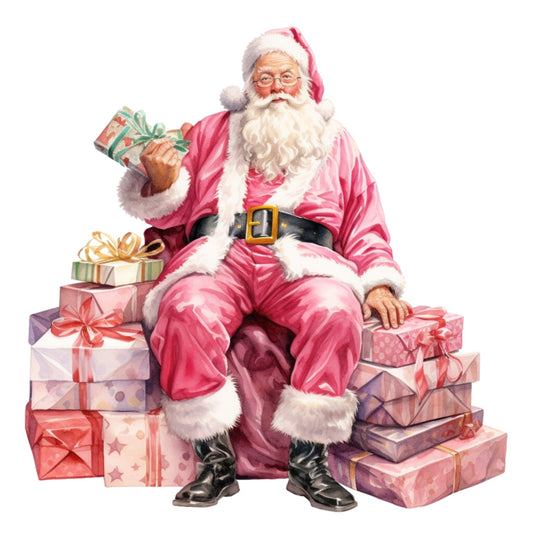 Pink Santa Claus Fabric Panel 8 featuring jolly Santa in pink suit with gifts, printed on premium quilting cotton in the USA.