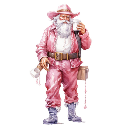 Pink Santa Claus Fabric Panel 9 featuring a detailed Santa in stylish pink attire, holding two cups, premium quilting cotton.