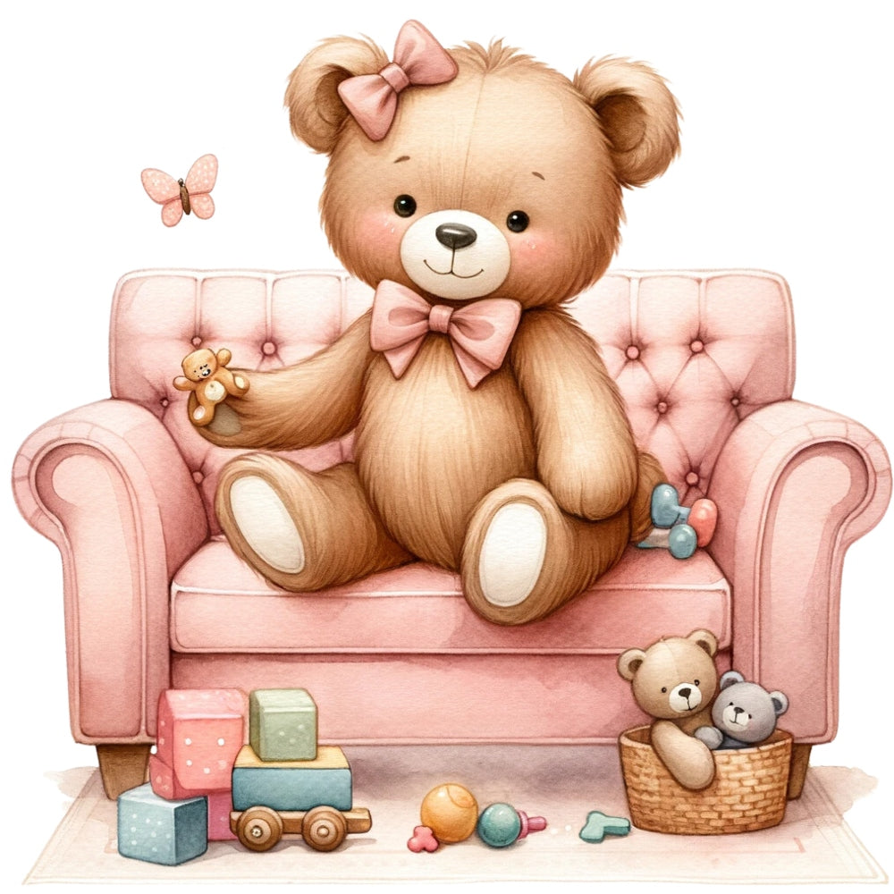 Pink Teddy Bears Fabric Panel 1 features a cute teddy bear with bows sitting on a pink couch surrounded by toys and pastel colors.