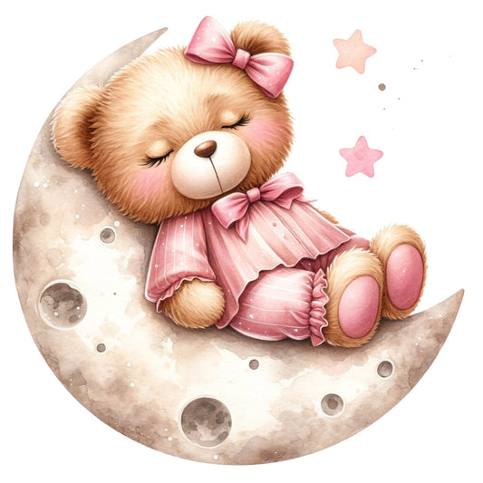 Pink Teddy Bears Fabric Panel 10 featuring a cute teddy bear in pink pajamas sleeping on a crescent moon with stars.