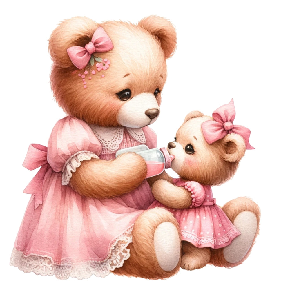 Pink Teddy Bears Fabric Panel 11 showing a mother bear feeding a baby bear with a bottle, both wearing pink dresses and bows.