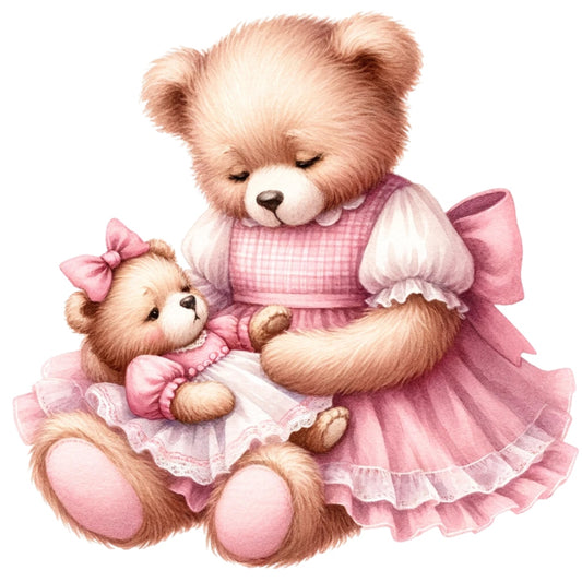 Pink Teddy Bears Fabric Panel 13 featuring two soft teddy bears dressed in delicate pink dresses with lace details.