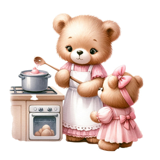 Pink Teddy Bears Fabric Panel 14 featuring two cute bears cooking with pastel pink outfits and baking scene on premium cotton.