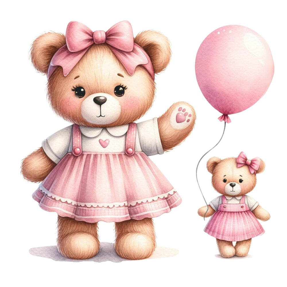 Pink Teddy Bears Fabric Panel 2 featuring two cute teddy bears in pink dresses, one holding a pink balloon, on premium quilting cotton.