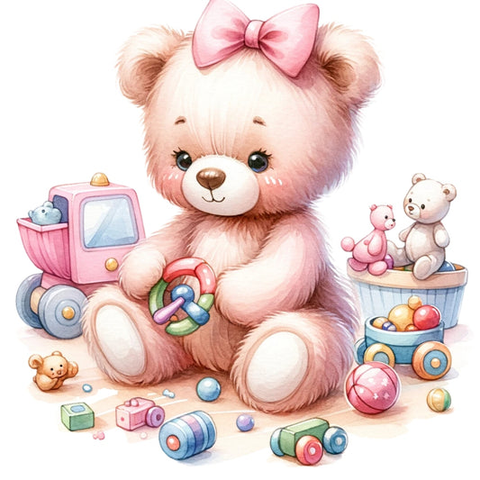 Pink Teddy Bears Fabric Panel 4 showing a soft pink teddy bear with a bow surrounded by colorful toys on quilting cotton.
