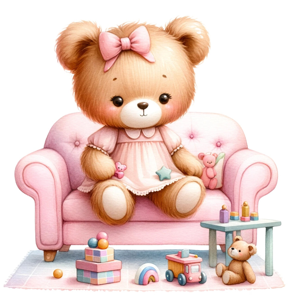 Pink Teddy Bears Fabric Panel 5 featuring a cute teddy bear in a pink dress sitting on a pink couch with toys.