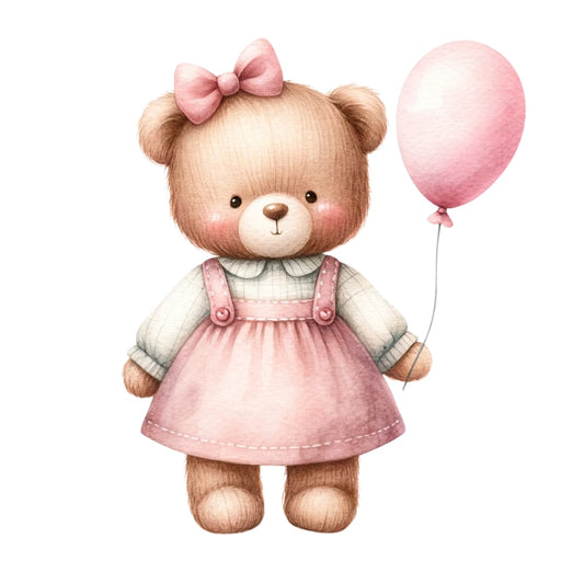 Pink Teddy Bears Fabric Panel 6 featuring a cute teddy bear in a pink dress holding a pink balloon, premium quilting cotton design.