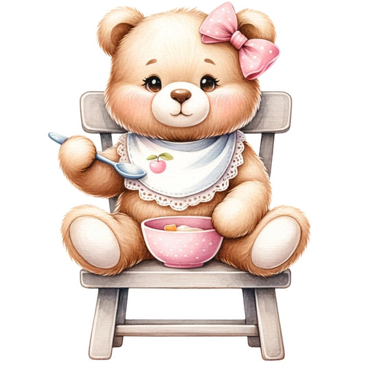 Pink Teddy Bears Fabric Panel 7 featuring a cute teddy bear with a pink bow eating from a pink bowl on a wooden chair.
