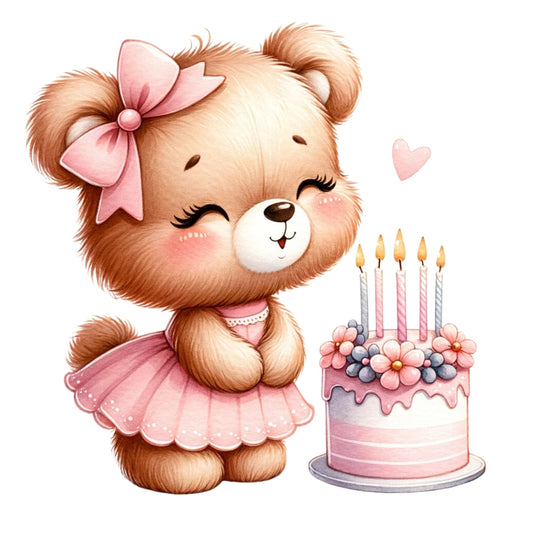 Pink Teddy Bears Fabric Panel 8 featuring a cute teddy bear in a pink dress and bow next to a birthday cake with candles.