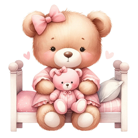 Pink Teddy Bears Fabric Panel 9 shows a cute bear with a bow holding a smaller teddy on a pink bed in soft pastel tones.
