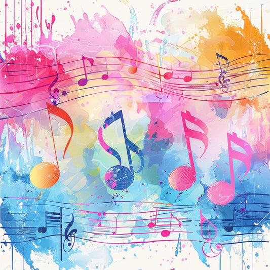 Pop Art Music Notes Fabric Panel 1 features vibrant watercolor splashes and colorful music notes on premium quilting cotton.
