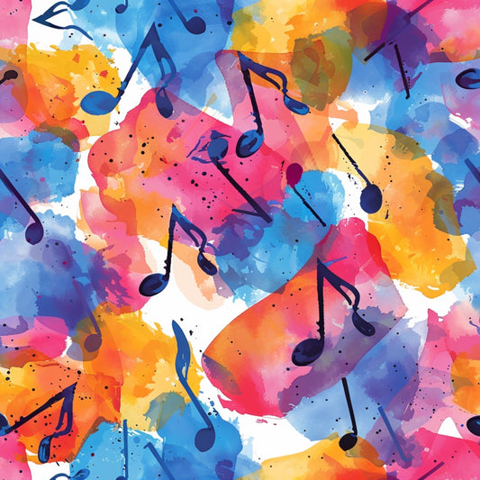 Pop Art Music Notes Fabric Panel 10 features vibrant watercolor splashes in orange, blue, and pink with bold navy music notes.