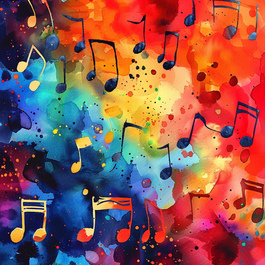 Pop Art Music Notes Fabric Panel 2 featuring vibrant colorful musical notes on premium quilting cotton fabric.