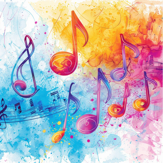 Pop Art Music Notes Fabric Panel 3 with vibrant colorful music notes on a premium quilting cotton background.