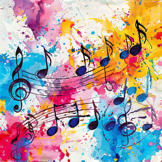 Pop Art Music Notes Fabric Panel 5 featuring vibrant watercolor splashes with black music notes on premium quilting cotton fabric.