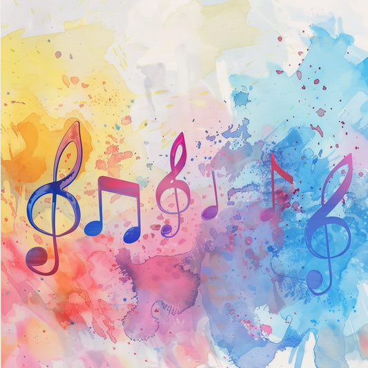 Pop Art Music Notes Fabric Panel 6 features colorful musical notes on a vibrant watercolor background printed on premium quilting cotton.
