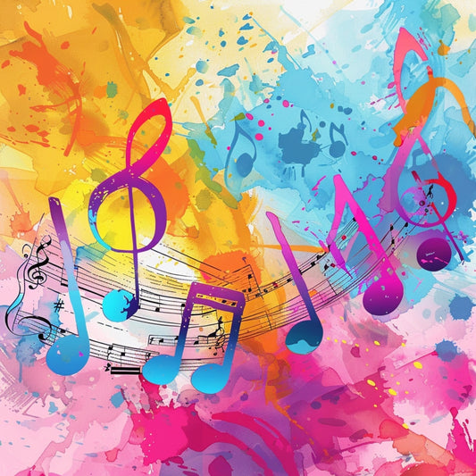 Pop Art Music Notes Fabric Panel 7 with vibrant watercolor splashes and colorful musical notes on premium cotton quilting fabric.