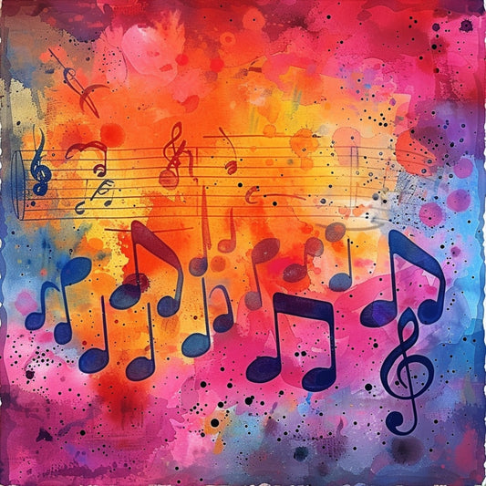 Pop Art Music Notes Fabric Panel 8 with vibrant multicolor background and bold black musical notes on premium quilting cotton fabric.