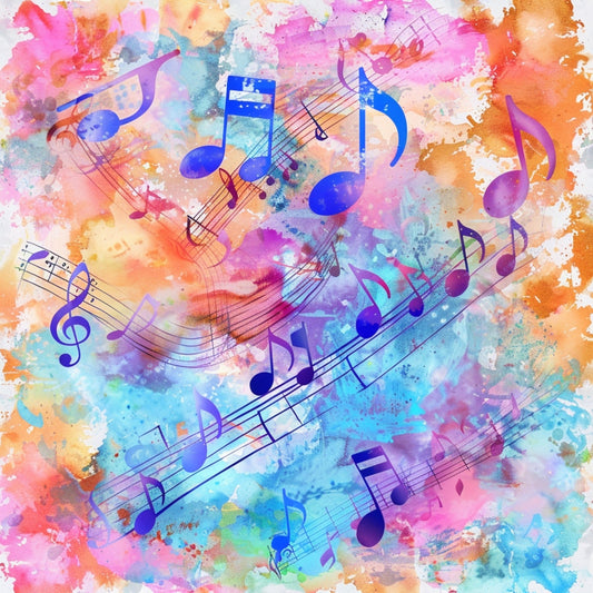 Pop Art Music Notes Fabric Panel 9 with vibrant colorful watercolor background and bold music notes on premium quilting cotton