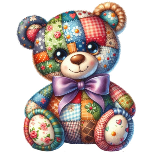 Quilted Toy Animals Fabric Panel 1 featuring a colorful patchwork teddy bear with floral and checkered patterns, premium quilting cotton.