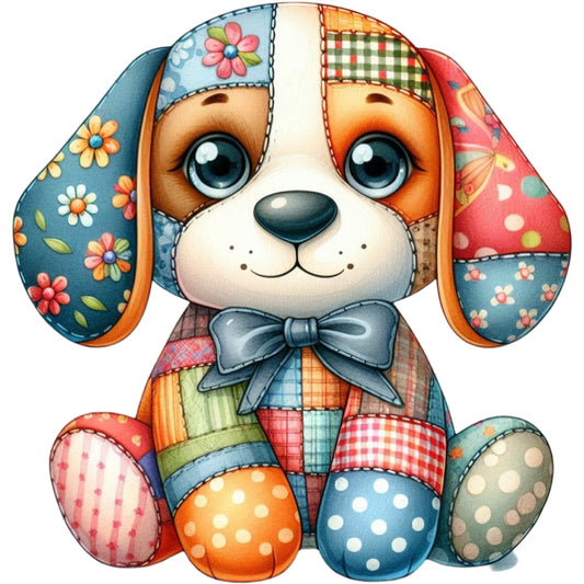 Quilted Toy Animals Fabric Panel 10 featuring a colorful patchwork puppy with playful patterns on premium quilting cotton.