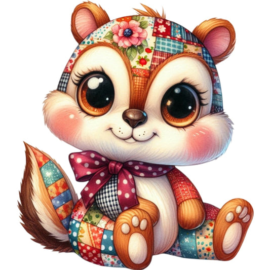 Quilted Toy Animals Fabric Panel 11 featuring a patchwork-style cute plush animal with large eyes and a bow tie.