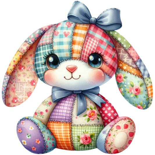 Quilted Toy Animals Fabric Panel 12 featuring a colorful patchwork bunny with patterns and bows in soft quilting cotton.
