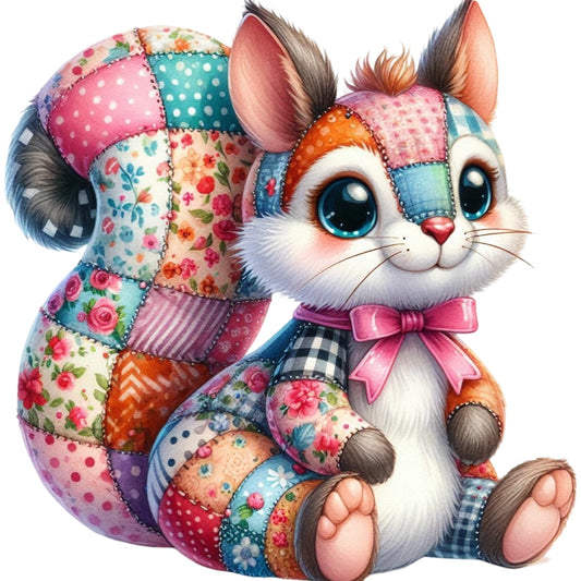 Quilted Toy Animals Fabric Panel 13 featuring a colorful patchwork squirrel design made of premium quilting cotton.