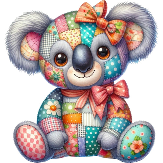 Quilted Toy Animals Fabric Panel 14 featuring a colorful patchwork koala with bows, printed on 100% premium quilting cotton.
