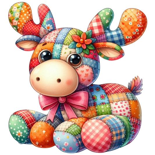 Quilted Toy Animals Fabric Panel 15 showing a colorful patchwork moose with big eyes and a pink bow made of premium quilting cotton.