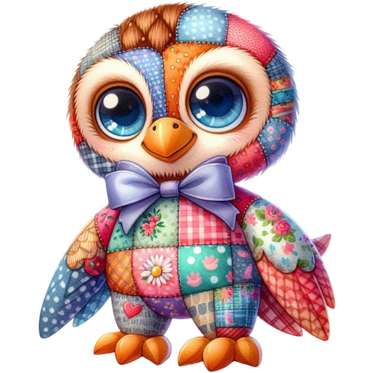 Quilted Toy Animals Fabric Panel 16 featuring a colorful patchwork owl with large eyes and a blue bow tie on premium quilting cotton.