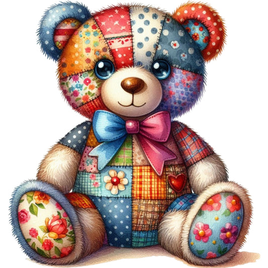 Quilted Toy Animals Fabric Panel 17 featuring a colorful patchwork teddy bear with floral and polka dot patterns on premium quilting cotton.