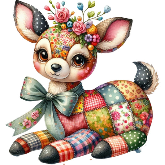 Quilted Toy Animals Fabric Panel 18 featuring a colorful patchwork deer with floral and polka dot patterns and a green bow.