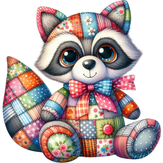 Quilted Toy Animals Fabric Panel 19 features a colorful patchwork raccoon design made from premium quilting cotton.